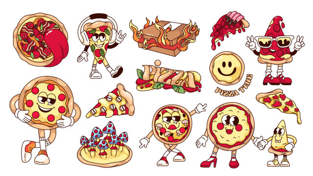 Naklejki Groovy pizza stickers and cartoon characters set. Funny retro funky pizza personages, trippy emoji and typography labels. Fast food mascot, cartoon collection of 70s 80s style vector illustration