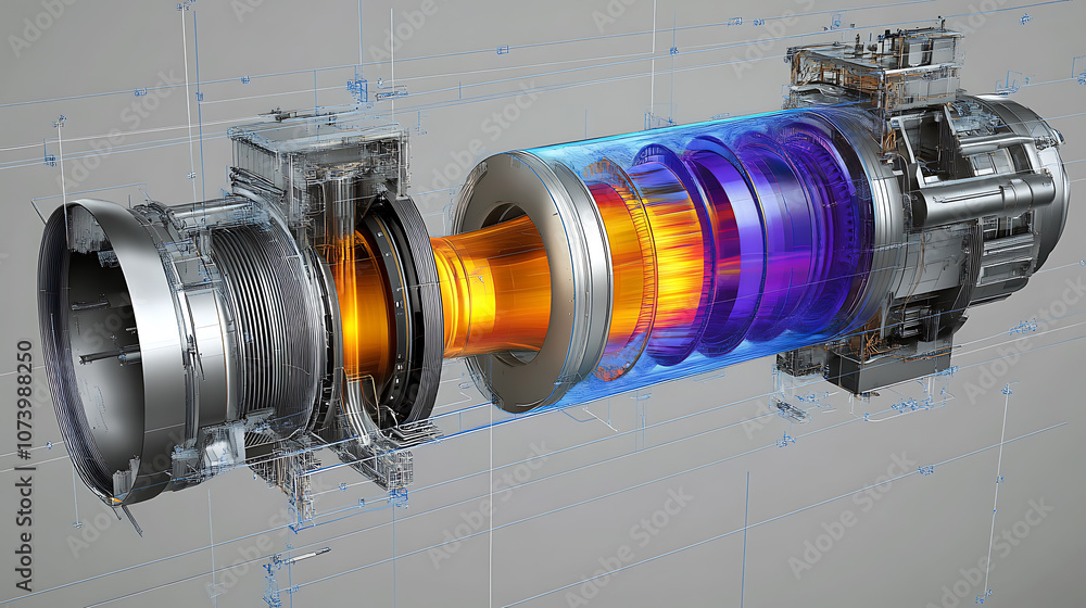 Aufkleber Simulating jet engine combustion to visualize heat fluid dynamics, displaying temperature gradients and efficiency metrics, providing insights into optimal performance and energy utilization
