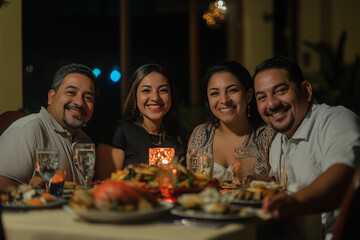 Happy Latino Hispanic Family Eating Thanksgiving Dinner Meal Together at Dining Room Table