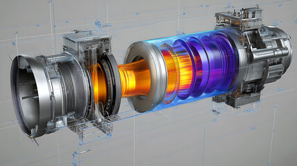 Simulating jet engine combustion to visualize heat fluid dynamics, displaying temperature gradients and efficiency metrics, providing insights into optimal performance and energy utilization