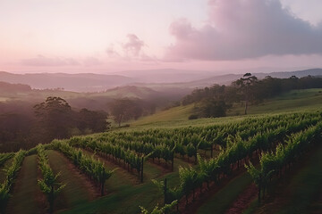 Fototapeta premium Tranquil Vineyard Landscape at Sunset with Transcendent Pink Hues in the Sky
