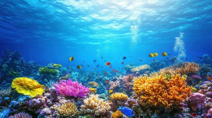 Naklejka premium Vibrant underwater scene showcasing colorful coral reefs and various tropical fish in a crystal-clear ocean.