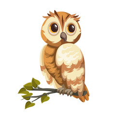 Cute cartoon striped owl sitting on summer or spring linden tree branch. Funny forest bird with feathers and big eyes on adorable face. Nature, animal mascot, cartoon happy owl vector illustration