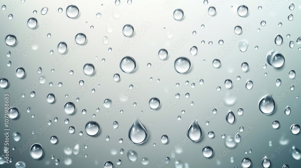 Poster close-up of clear water droplets on a soft gray background, creating a tranquil and refreshing atmos