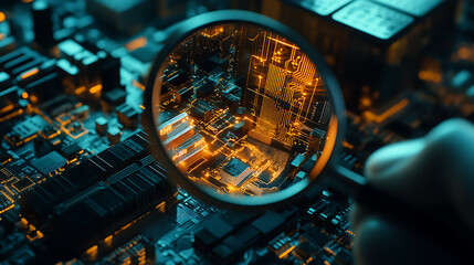 Fototapeta premium Detective magnifying glass inspecting network components investigating connectivity issues concept