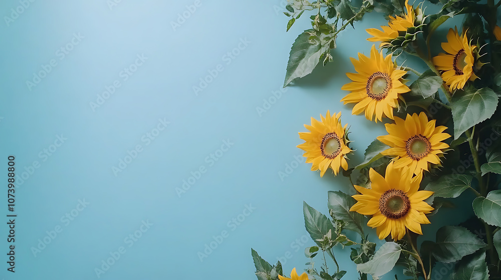 Poster the sunflowers on the right side of an empty blue background, with a top view banner and copy space 