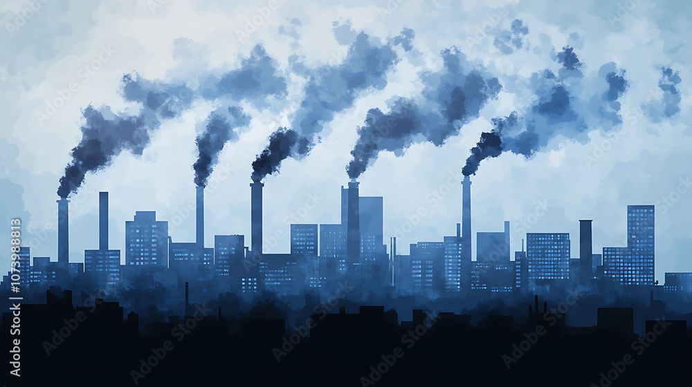 Poster toxic smoke from industrial factories floating in the air, causing pollution and harming the environ