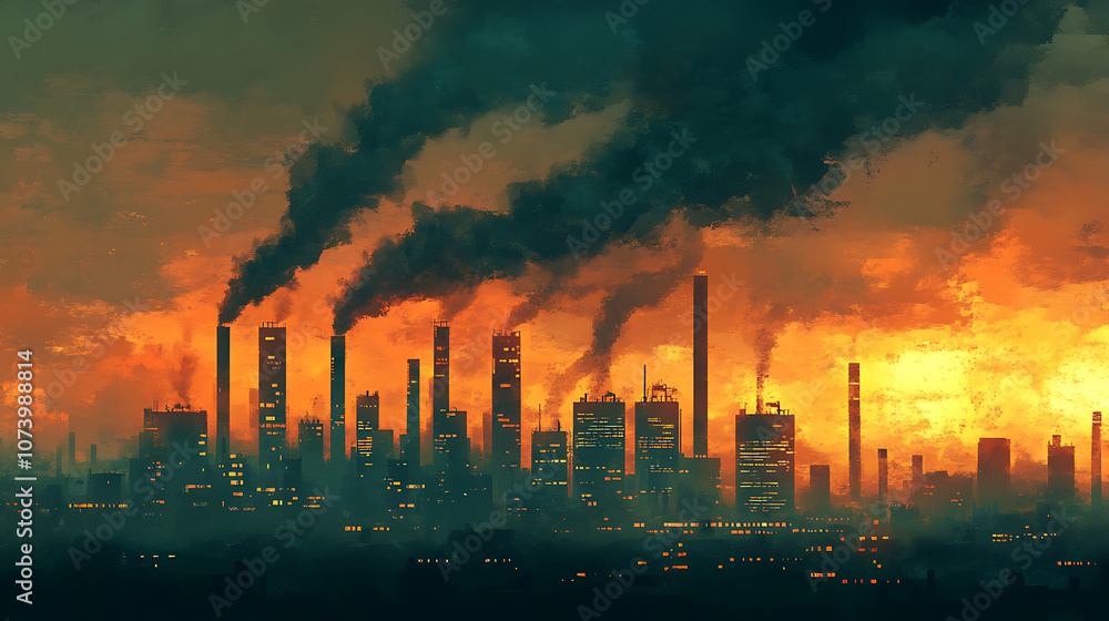 Poster toxic smoke from industrial factories floating in the air, causing pollution and harming the environ
