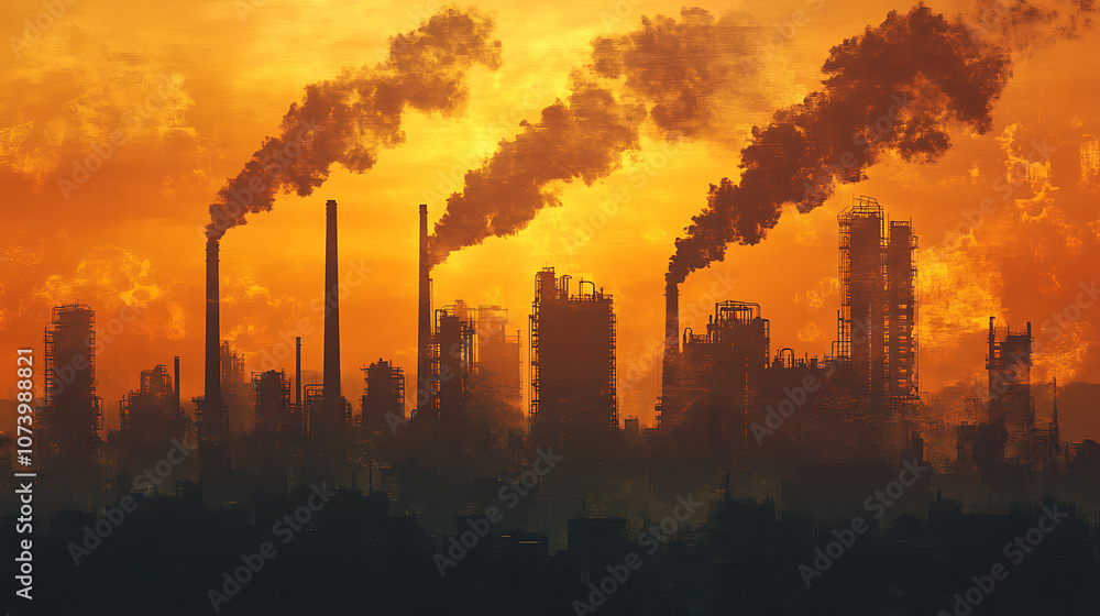 Poster toxic smoke from industrial factories floating in the air, causing pollution and harming the environ
