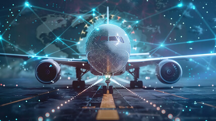 A Modern Airplane on a Runway With a Digital Network Overlay at Night, Symbolizing Advanced Aviation Technology and Global Connectivity