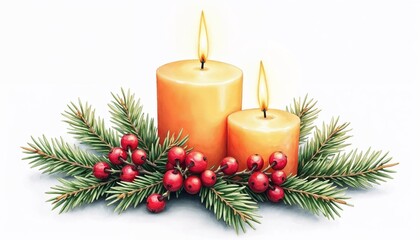 Christmas candles with pine branches and red berries illustration.