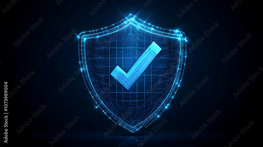 Poster visualizing a secure cybersecurity symbol: a dark blue wireframe shield adorned with a checkmark emb