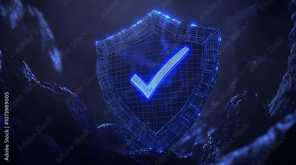 Poster visualizing a secure cybersecurity symbol: a dark blue wireframe shield adorned with a checkmark emb