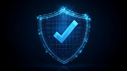 Visualizing a secure cybersecurity symbol: A dark blue wireframe shield adorned with a checkmark emblem, symbolizing robust protection and verified security measures