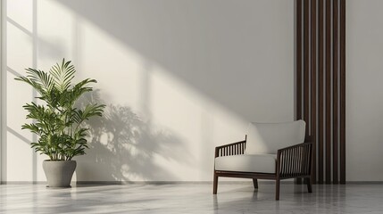 Fototapeta premium Modern interior design with dark wood slats on the wall and white walls. There is a plant pot nearby