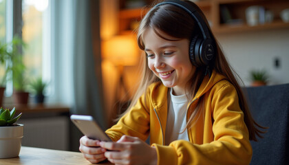 Smiling Girl with Headphones Using Phone