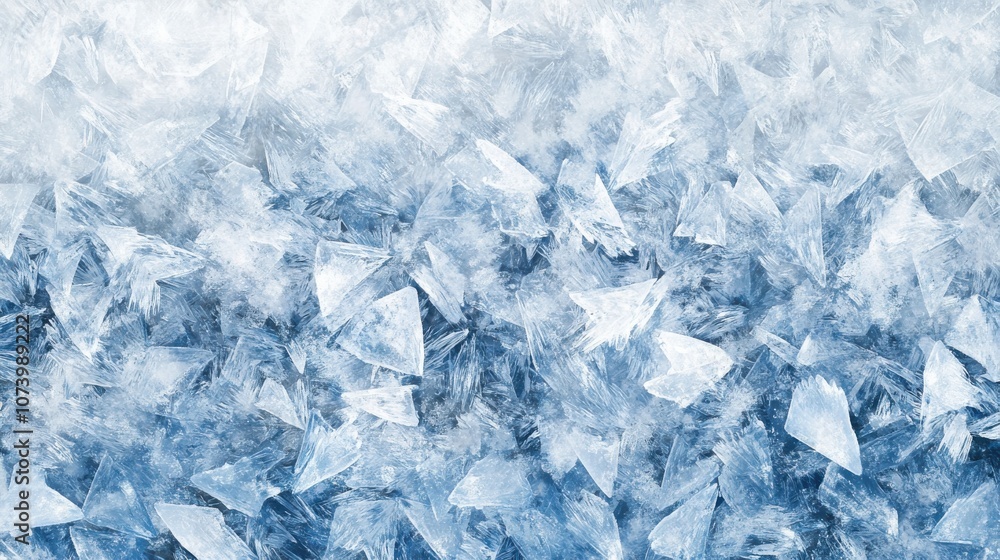 Poster a close-up view of sparkling ice shards, creating a visually striking, blue-toned abstract backgroun