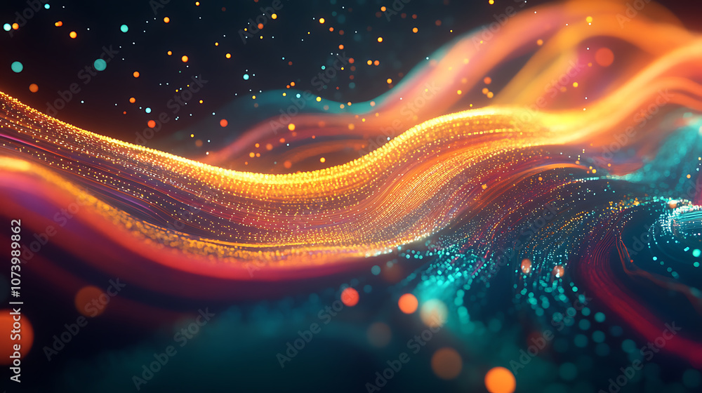 Poster abstract light painting with neon lights, dynamic lines and curves, swirling colors and glowing dots