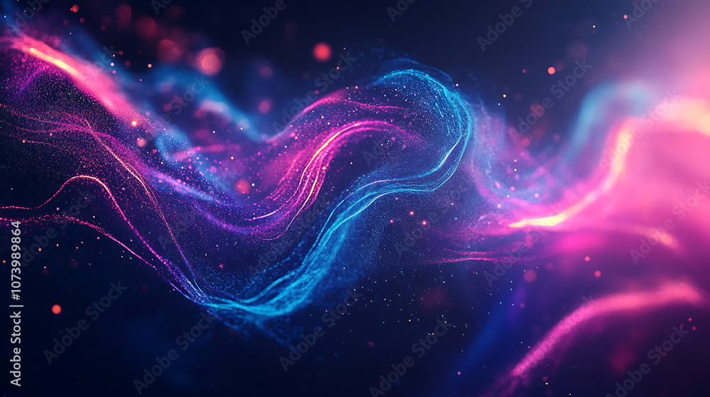Poster abstract light painting with neon lights, dynamic lines and curves, swirling colors and glowing dots