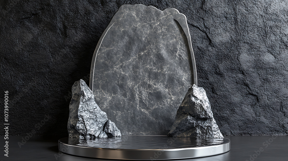Poster Abstract stone podium display with water and silver frame on dark gray background 3d product presentation
