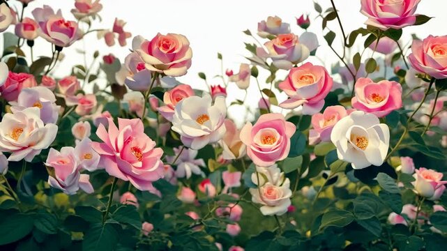 Vibrant watercolor composition of a rose garden with lush pink flowers and green foliage, isolated on white background for postcards, banners