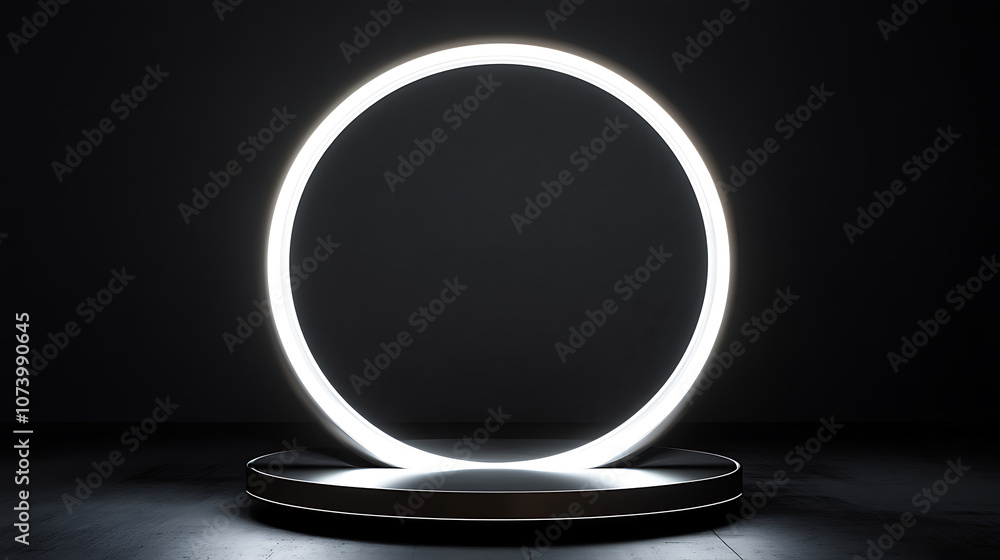 Poster futuristic white illuminated circular podium on black background 3d rendering mockup