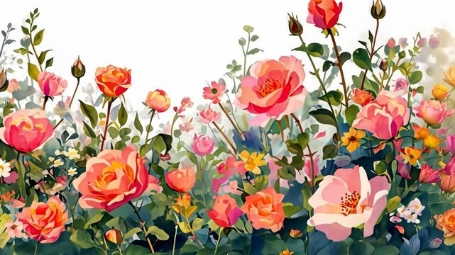 Vibrant watercolor composition of a rose garden with lush pink flowers and green foliage, isolated on white background for postcards, banners