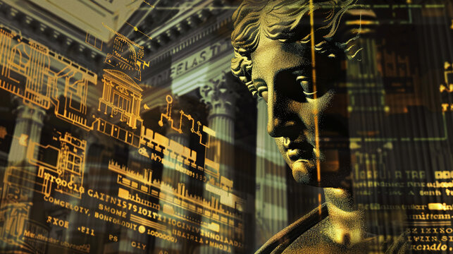 A Classic Statue of a Greek Philosopher Overlays a Modern Digital Backdrop at a Historical Bank, Symbolizing the Blend of Tradition and Innovation in Finance