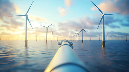 Green hydrogen production with wind turbines and pipeline renewable energy concept 3d rendering