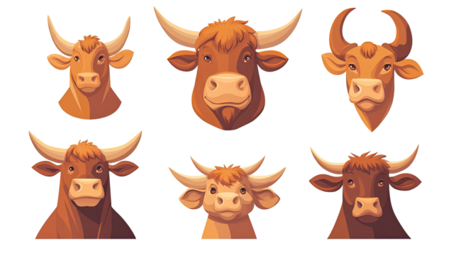 Set of Cartoon-Style Cow and Bull Heads on a Transparent Background Generative AI