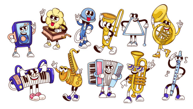 Naklejki Groovy musical instruments cartoon characters set. Funny retro brass French horn and trombone, saxophone, trumpet. Music mascots, cartoon instruments stickers of 70s 80s style vector illustration