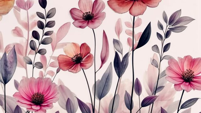 Watercolor minimalistic isolated illustration of a spring floral pattern with large flowers and soft pastel tones for postcards, banners