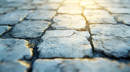 Close-up of cracked pavement with a warm light reflecting off the surface.