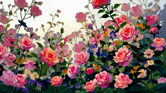 Vibrant watercolor composition of a rose garden with lush pink flowers and green foliage, isolated on white background for postcards, banners