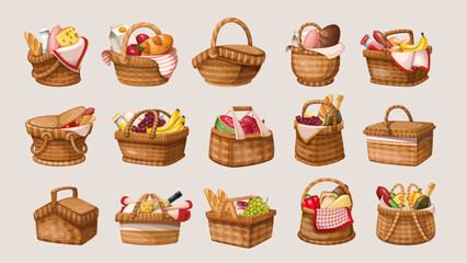Picnic wicker baskets cartoon set. Funny retro bamboo shopping bags with handles and lunch food, closed and open wooden hampers. Basketwork mascot, cartoon brown braided baskets vector illustration