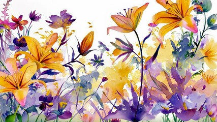 Bright watercolor lilies and other flowers in a dense floral background with vivid shades, minimalistic isolated illustration on white background for postcards, banners