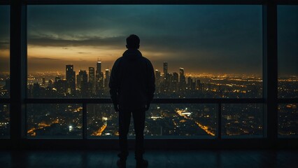 Man alone overlooking city skyline at dusk