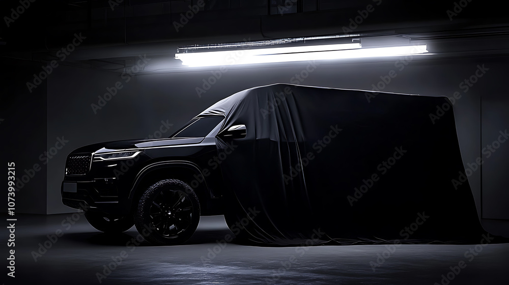 Aufkleber mysterious new suv shrouded in black fabric awaiting dramatic unveiling in shadowy garage digital ar