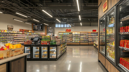 Modern supermarket interior with fully stocked freezer section retail store photography