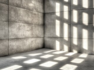 Corner of a well-lit concrete room or space with shadows from windows with bars