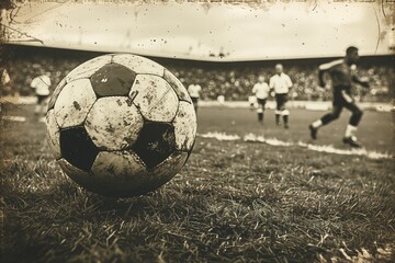 A vintage soccer ball on a field with blurred players running in the background, sepia-toned for a historic sports atmosphere.