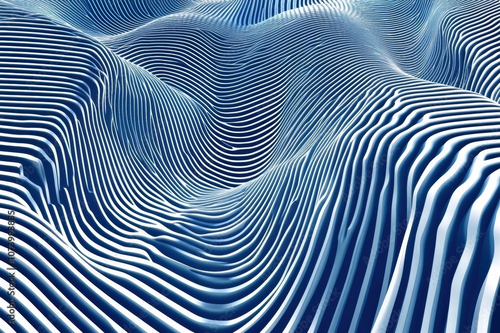 Poster A captivating display of blue and white network lines forms a 3D pattern, evoking the fluidity of waves in a serene digital realm. Generative AI