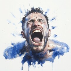 Frustrated Man in Blue & White Watercolor with Mouth Wide Open in Anger