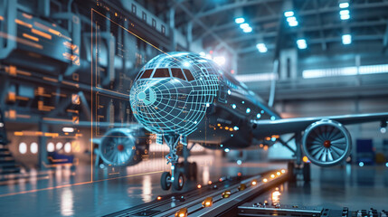 A High-Tech Aircraft With Holographic Displays Being Serviced in an Advanced Maintenance Facility During Daylight Hours