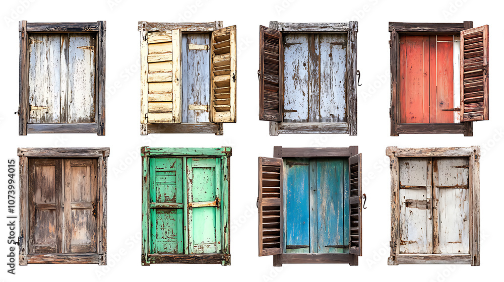 Aufkleber rustic old farm window frame set various colors open shutters weathered wooden texture isolated prem