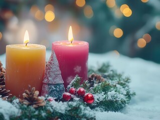 Christmas candles and wreaths with vibrant colors, soft lighting, cozy atmosphere