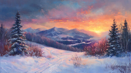 Serene winter sunset over snowy hills warm hues paint the landscape digital painting