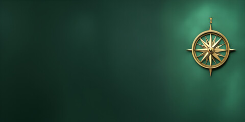 A minimalist compass icon placed on the right side of a panoramic green background, offering plenty of room for custom text --ar 3:2 --s 50