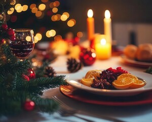 Fototapeta premium Christmas dinner table with vibrant decorations, soft lighting, festive atmosphere