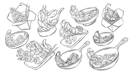 Flying Asian food line icons set. Fried rice and noodles box, wok with falling seafood, Japanese sushi and rolls. Asian cuisine mascot, hand drawn fast food icon collection vector illustration
